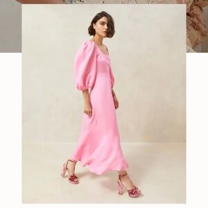 Loeffler Randall Carmina Bubblegum Pink Puff-Sleeve Curve Seam Maxi Dress Sz 10